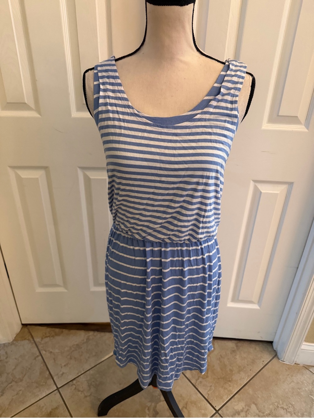 Blue and White Striped Sleeveless Women's Double Layer Dress